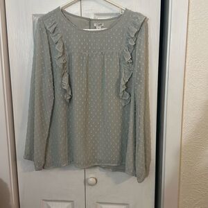 J. Crew Women's Swiss Dot Keyhole Back Ruffle Trim Long Sleeve Blouse Gray Sz 12